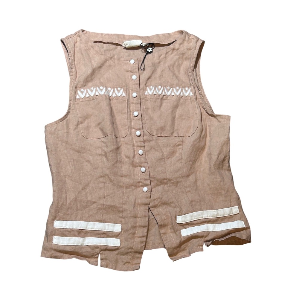 VRG GRL Tan 100% Linen Embroidered Button Front Vest Top Size XS